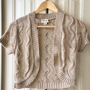 Knit Bolero Open Front Crop Cardigan Shrug Sweater with metallic gold thread.